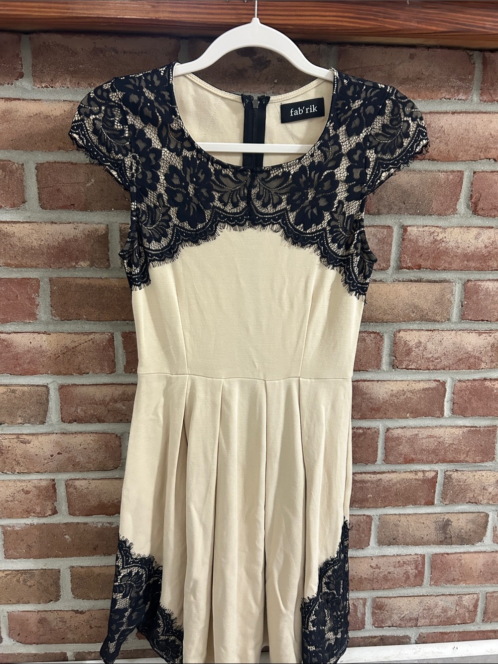 fab'rik Cream Dress with Black Lace Accents
